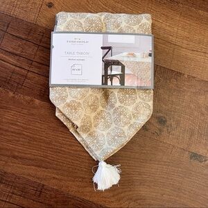 NWT threshold table throw 50”x50” beige brown white tassels tablecloth